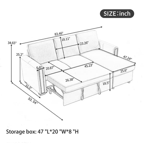 83" Pull Out Sleeper Sofa Reversible LShape 3 Seat Sectional Couch